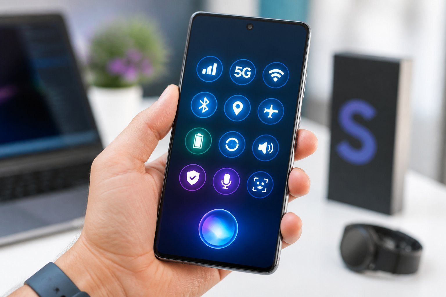 Uma mão segurando um smartphone Samsung com ícones de conectividade celular e recursos inteligentes visíveis na tela.