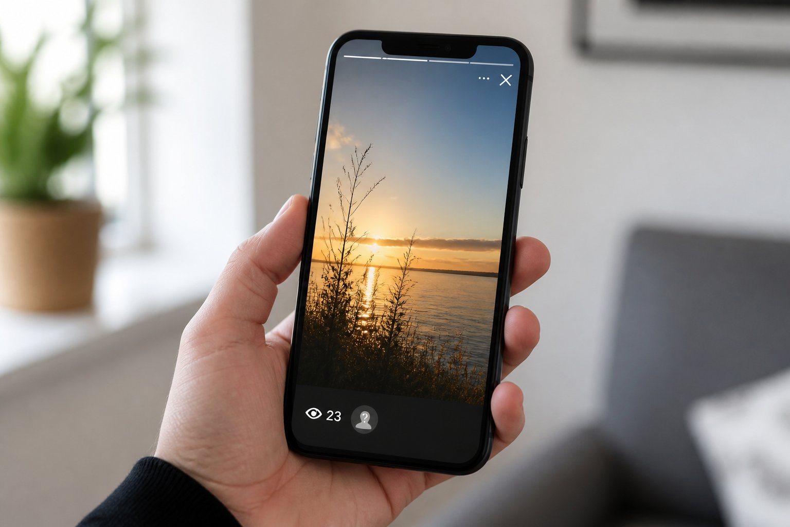 Pessoa segurando um smartphone que mostra uma história de rede social com um visualizador anônimo indicado na tela.