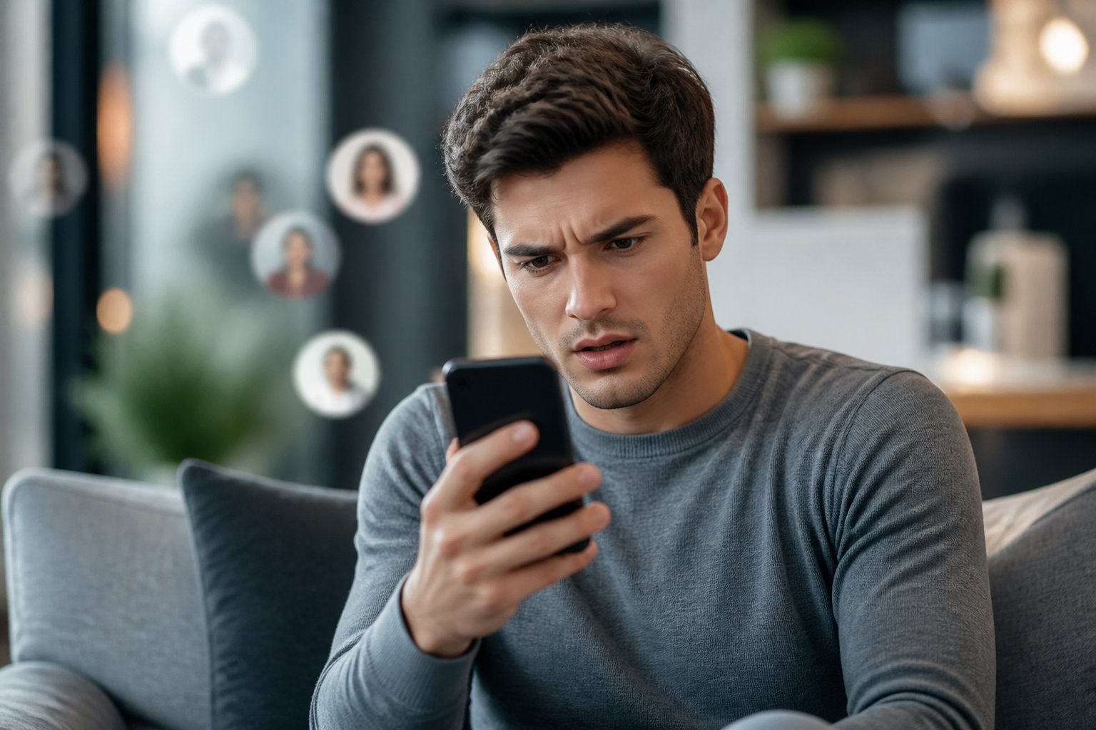 Pessoa jovem olhando para o celular com expressão confusa e preocupada em um ambiente interno moderno.