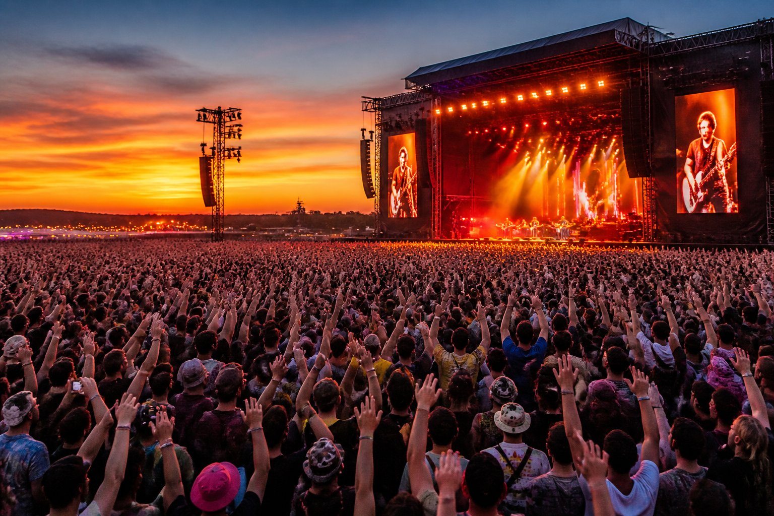 Multidão enorme assistindo a um show ao ar livre ao entardecer, com palco iluminado e pessoas animadas.