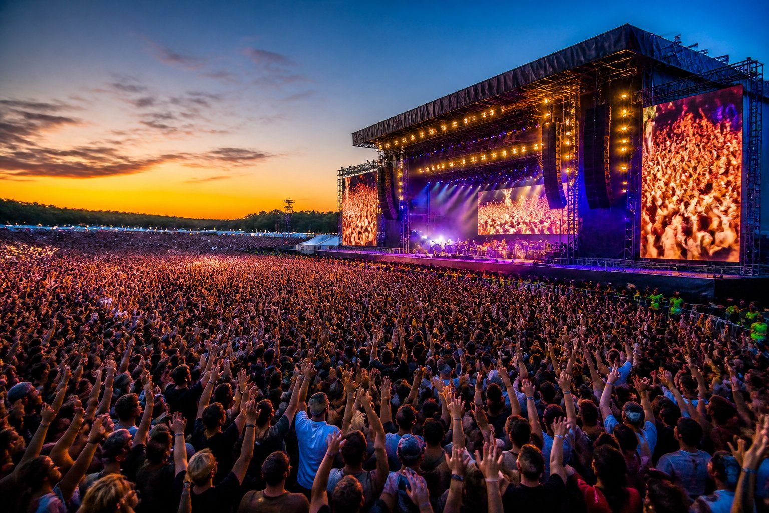 Multidão enorme em um show ao ar livre durante o pôr do sol, com pessoas animadas e um grande palco iluminado ao fundo.