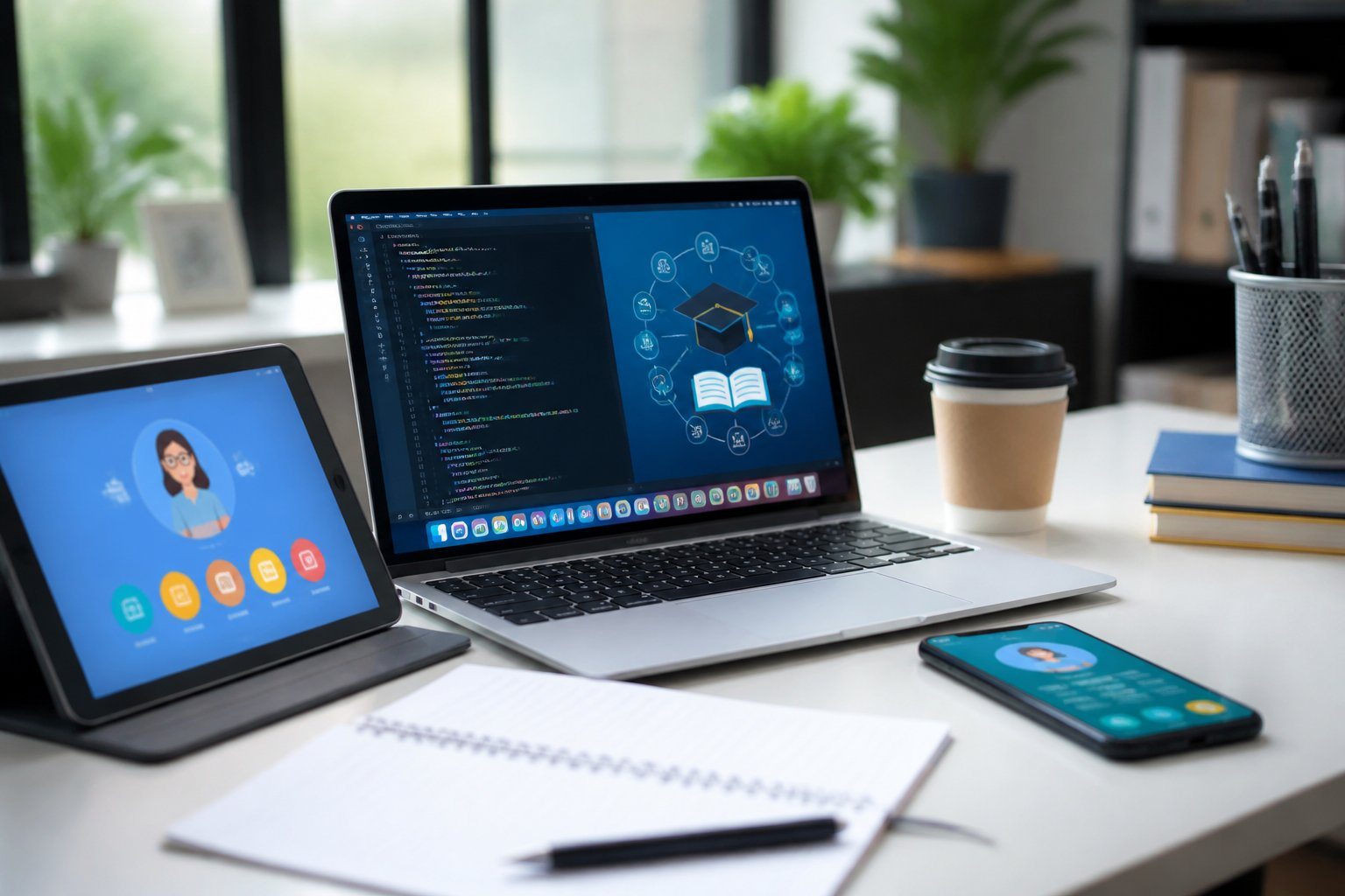 Mesa de trabalho com laptop, smartphone e tablet exibindo interfaces de aplicativos educacionais, com cadernos e uma xícara de café ao lado.