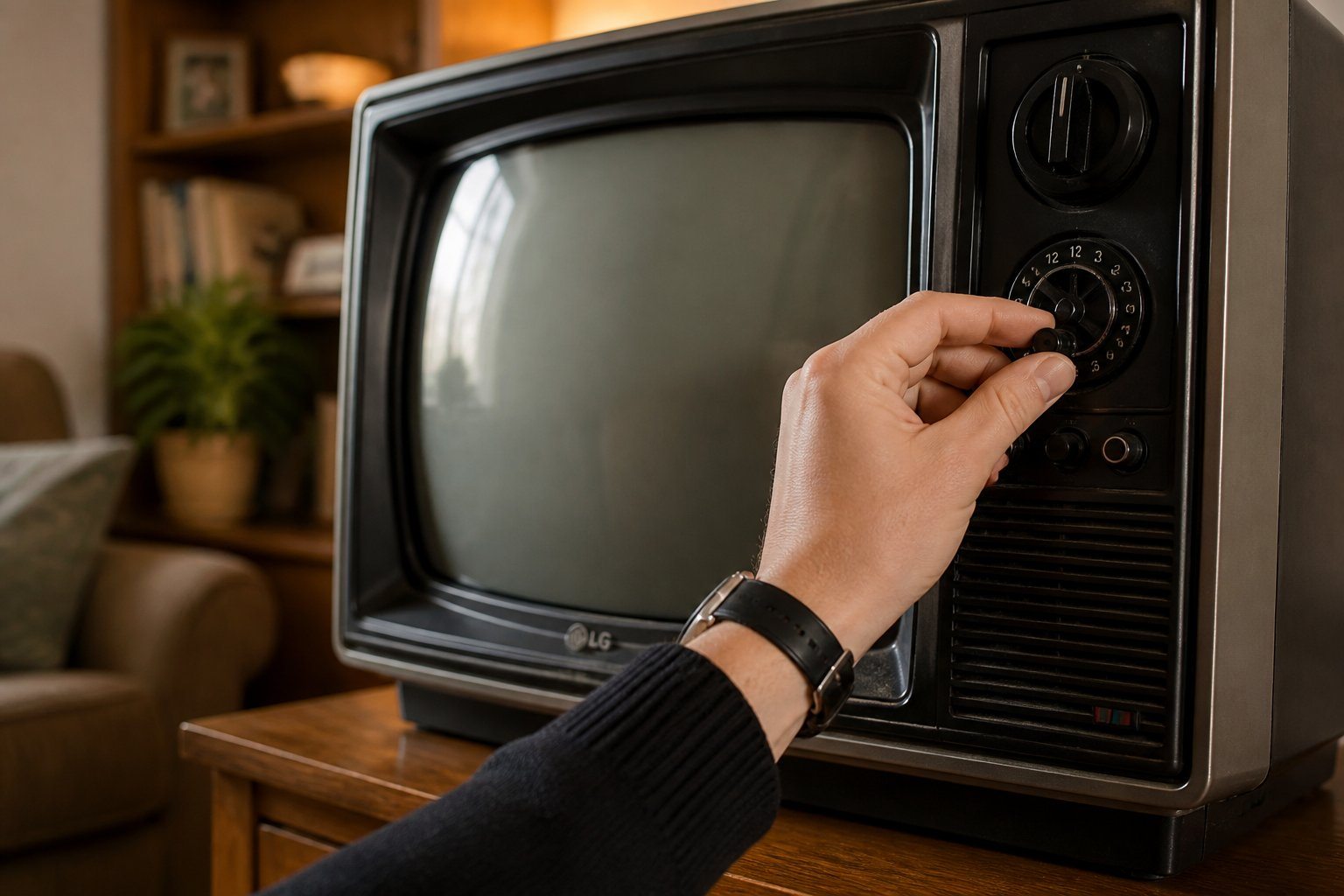 Pessoa ajustando o canal em uma televisão antiga da LG em uma sala de estar aconchegante.