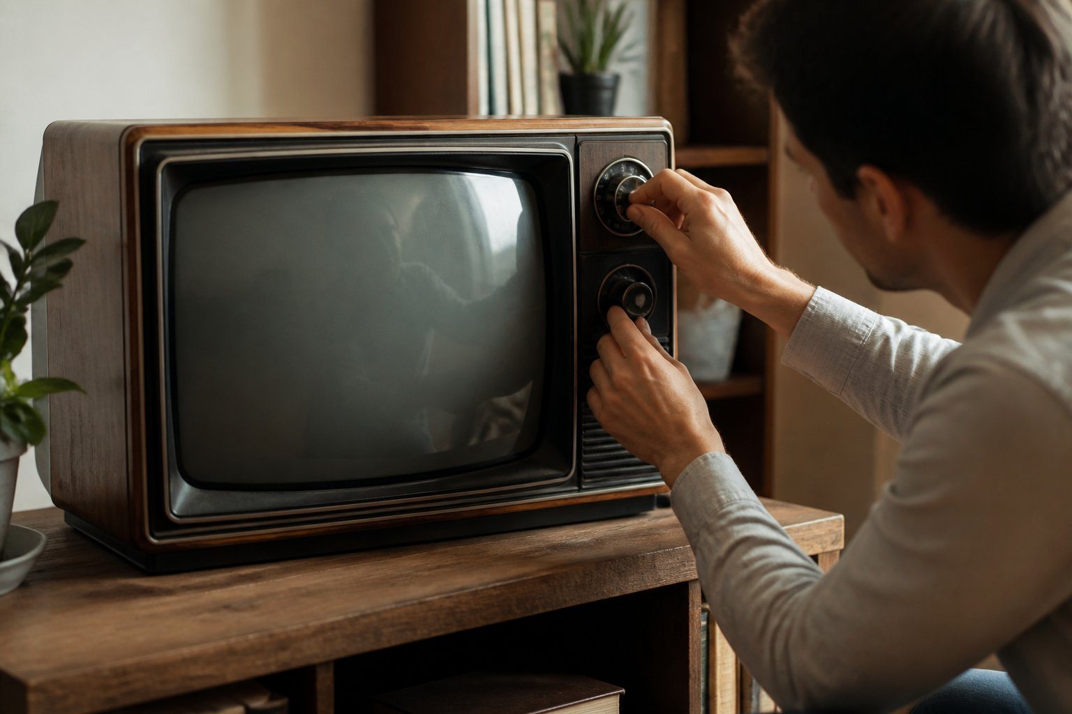 Pessoa ajustando os botões de sintonia em uma televisão LG antiga em uma sala de estar.