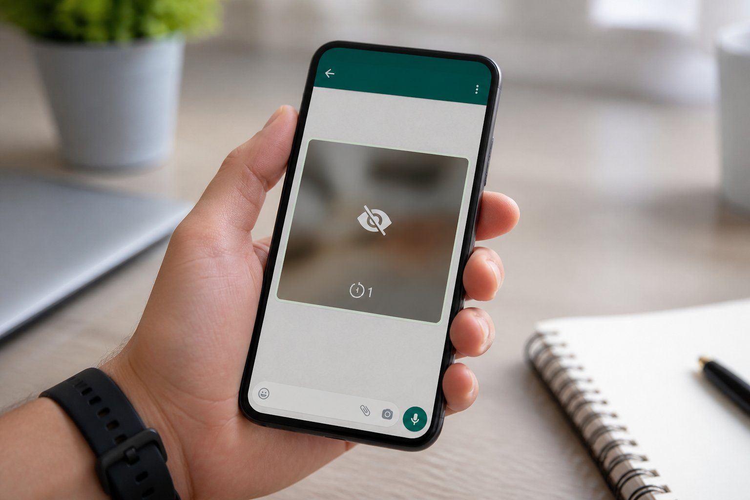 Pessoa segurando um smartphone mostrando uma prévia de imagem única em um aplicativo de mensagens.