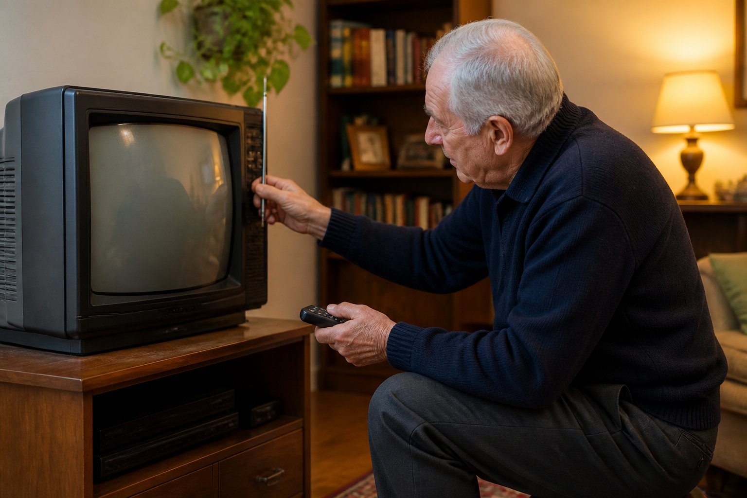 Pessoa idosa ajustando o controle remoto de uma televisão LG antiga em uma sala de estar aconchegante.