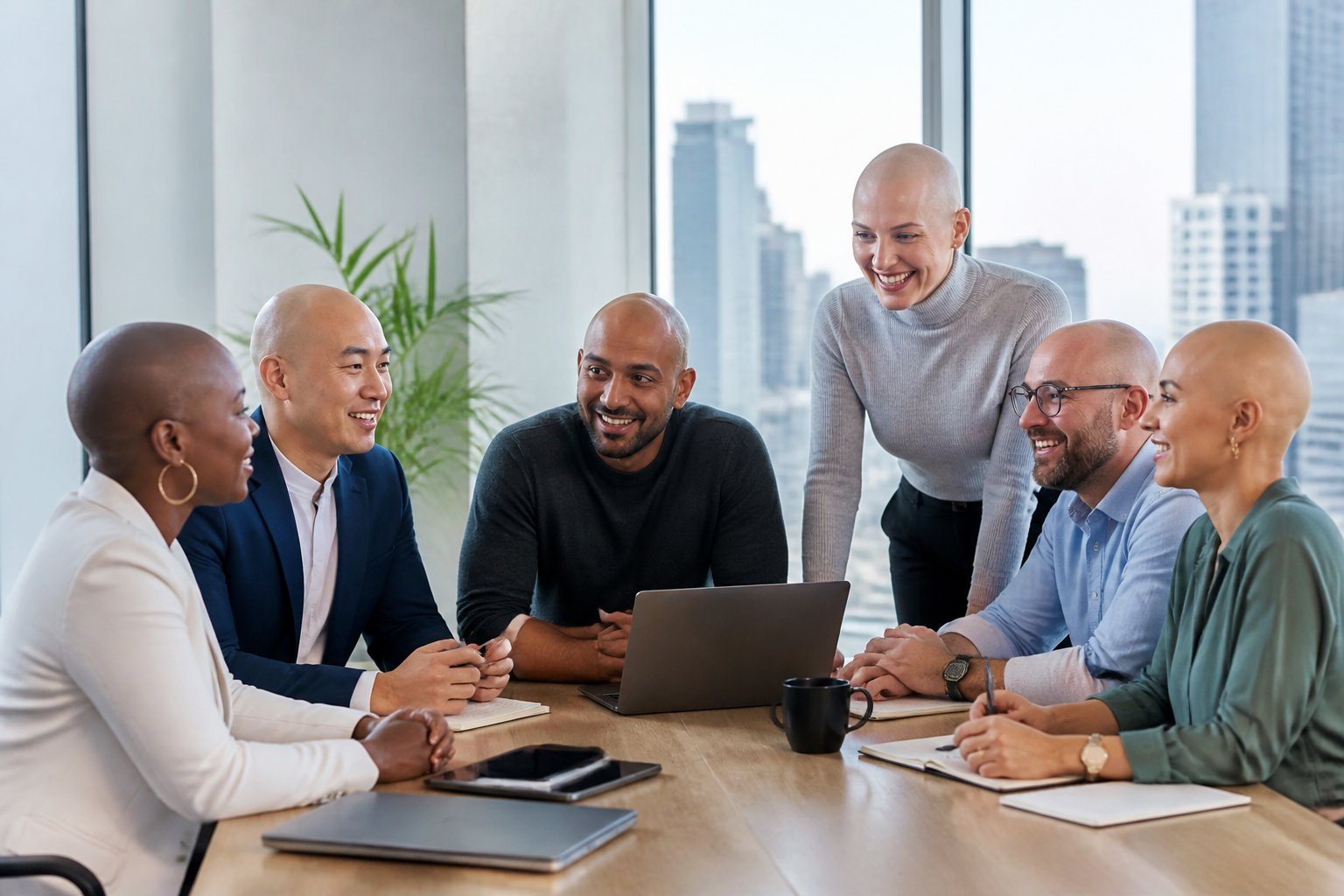 Grupo diversificado de pessoas calvas em uma reunião de trabalho em um escritório moderno.