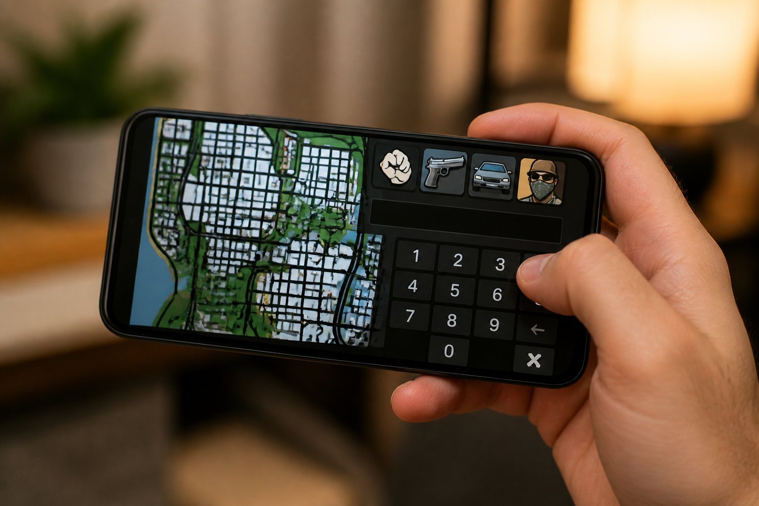 Pessoa segurando um smartphone com a tela mostrando um mapa urbano e ícones coloridos, em um ambiente interno desfocado.