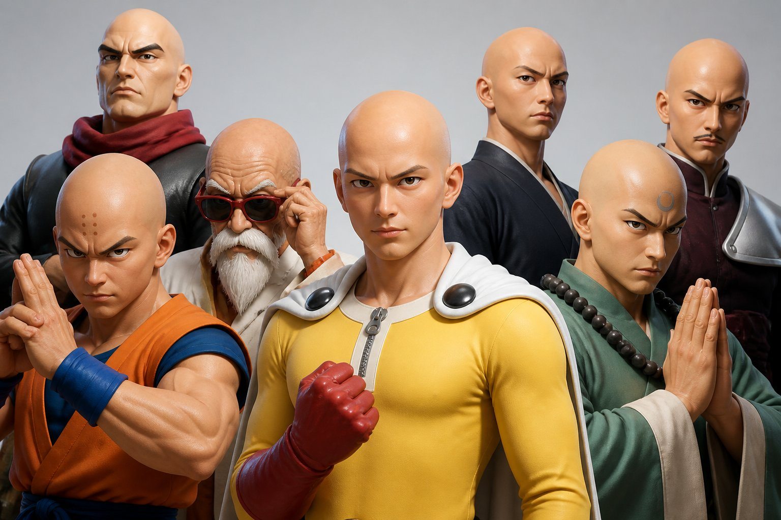 Grupo diversificado de personagens calvos inspirados em animes e mangás, com expressões faciais distintas e roupas variadas, posando juntos em um fundo neutro.