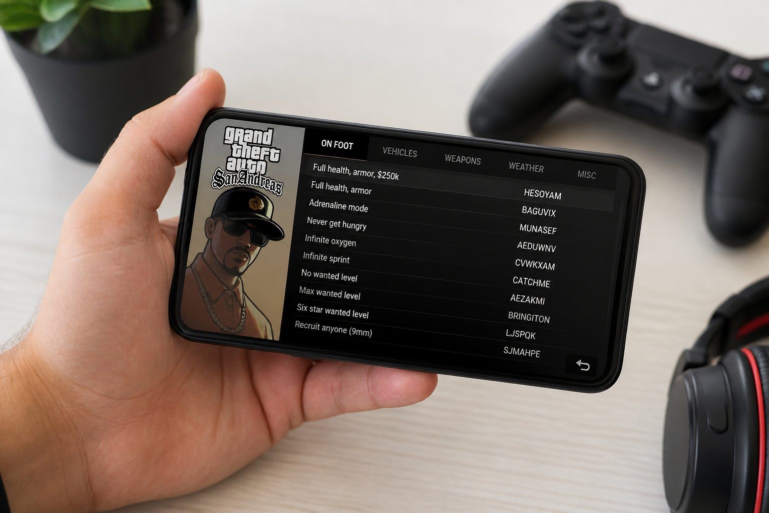 Uma mão segurando um smartphone que exibe o jogo GTA San Andreas, com uma interface de códigos de trapaça visível na tela.