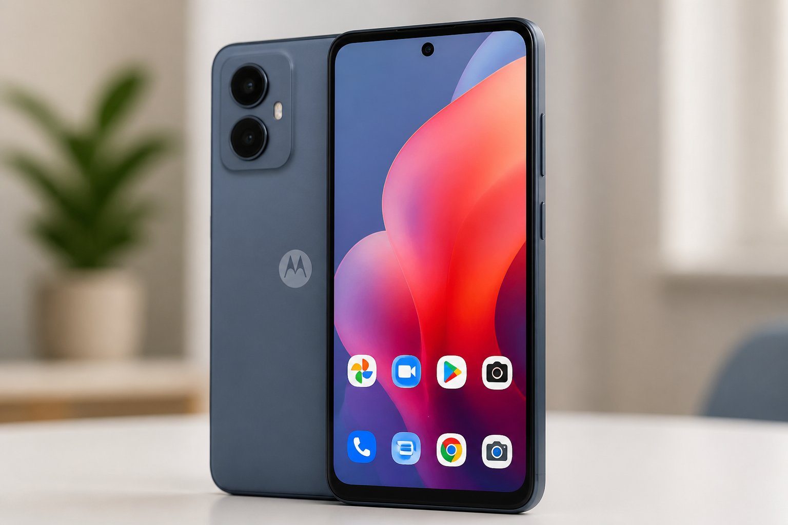 Um smartphone Moto G24 moderno sobre uma superfície branca, com a tela ligada mostrando ícones coloridos, em um ambiente bem iluminado e com fundo desfocado.