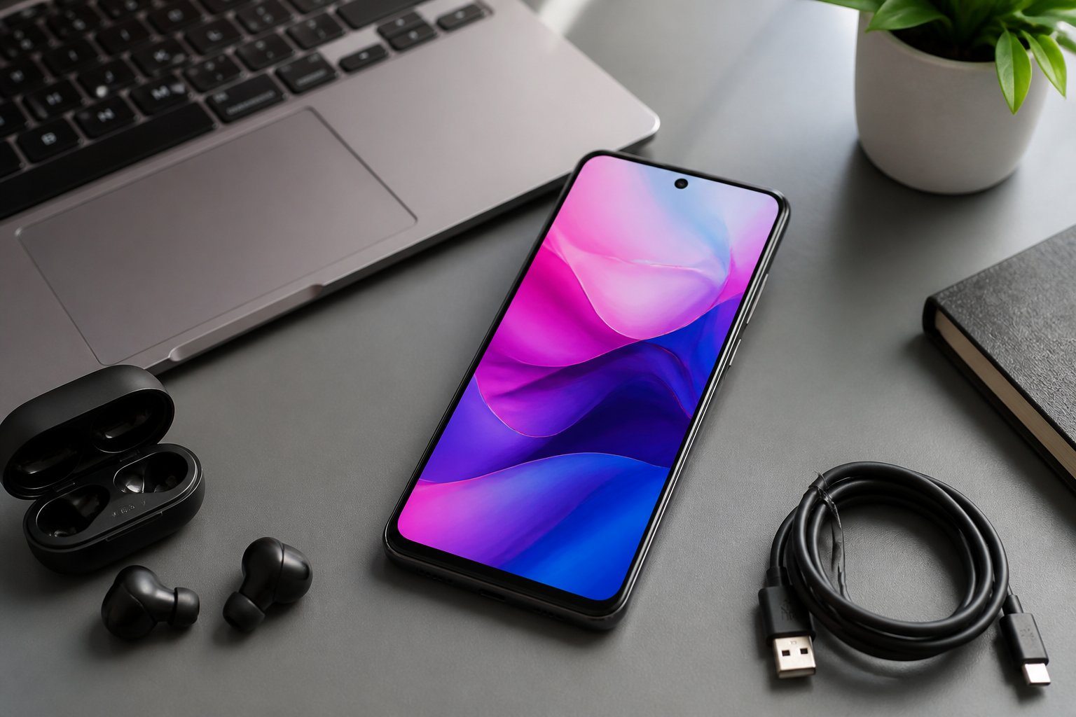 Um smartphone Moto G24 sobre uma mesa com fones de ouvido sem fio, cabo de carregamento e um laptop ao fundo.