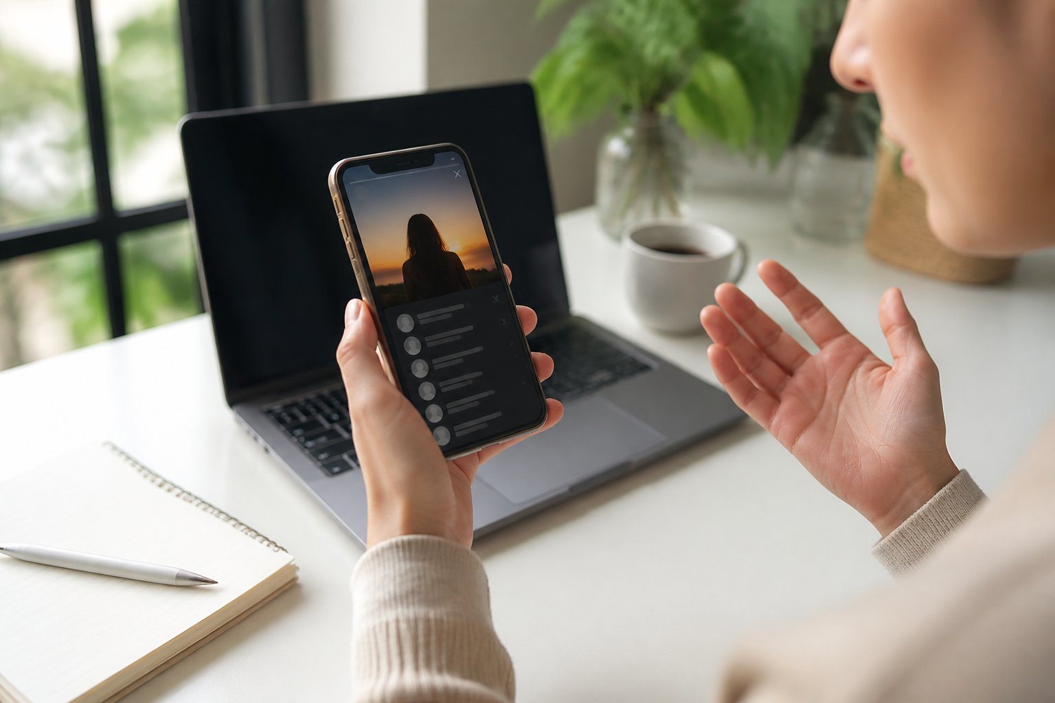 Pessoa segurando um smartphone mostrando uma história do Instagram com ícones de visualizadores desfocados, em uma mesa com laptop, caderno e café.